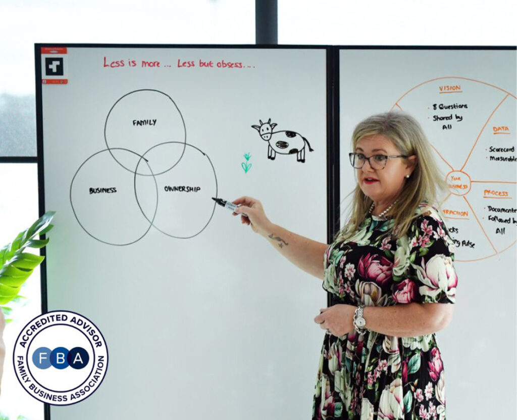 Woman presenting a Venn diagram and a cartoon cow on a whiteboard during a business workshop.
