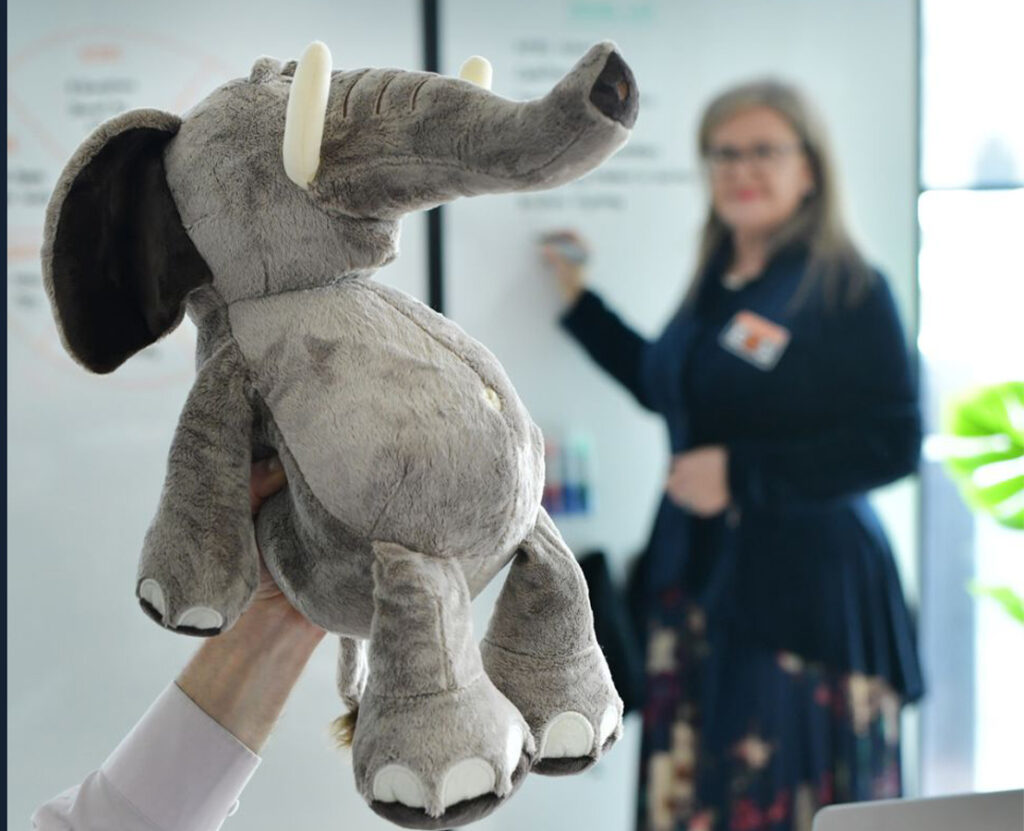 A person holding up a plush elephant toy in the foreground, with a woman writing on a whiteboard in the background.