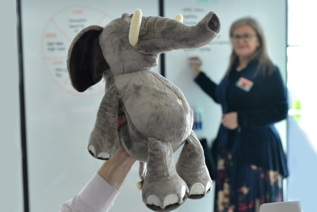 Plush elephant toy in the foreground with a woman writing on a whiteboard in the background.